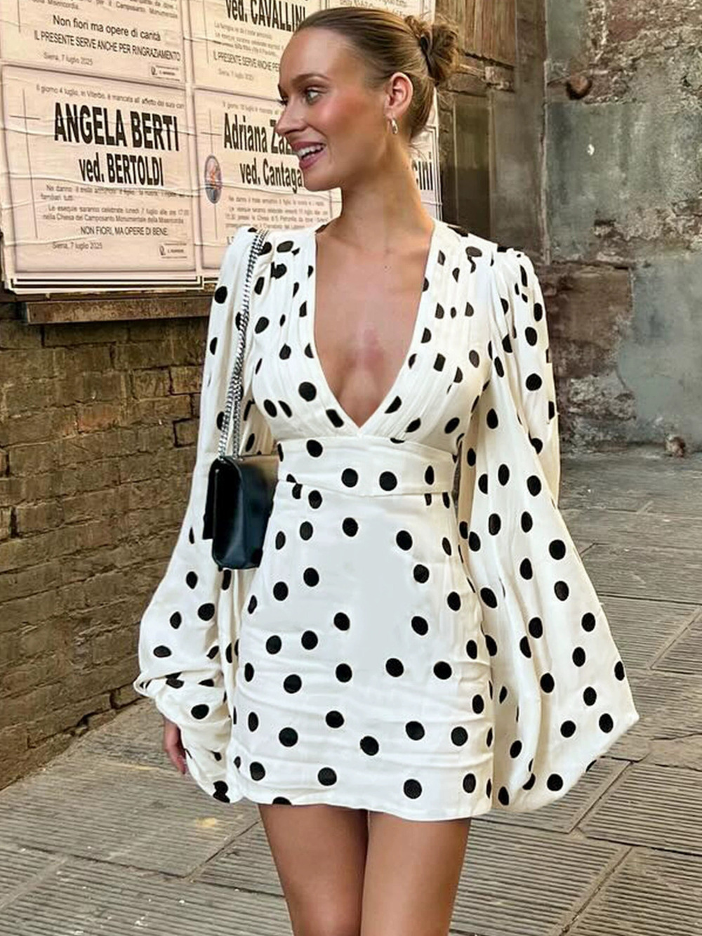 ZARA Womens Sexy Polka Dot Print Deep V Bell Sleeve Bodycon Dress